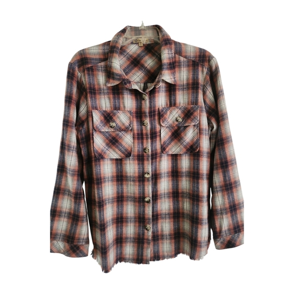 Plaid Flannel Shirt L Democracy Jacket Button Up Top Relaxed Fit Pockets - Picture 10 of 10